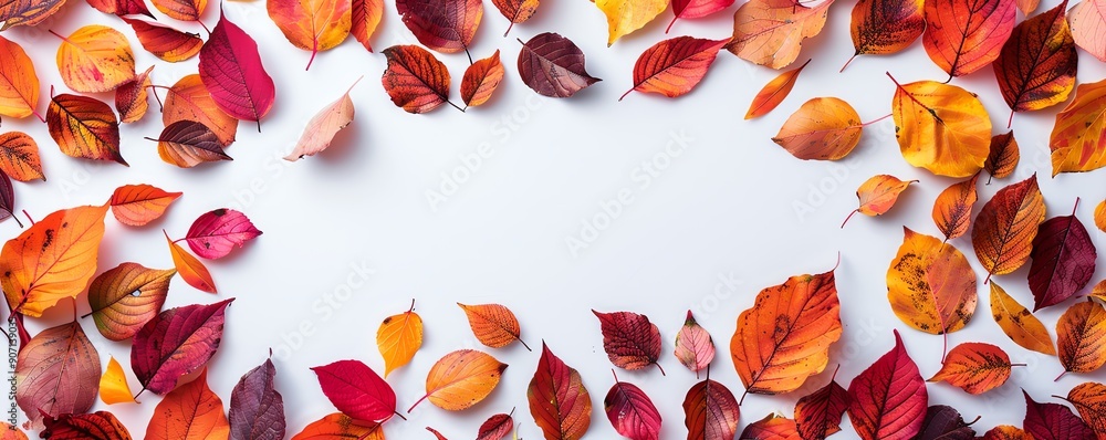 Vibrant autumn leaves in shades of orange and red arranged in a decorative frame on a clean white background. Vibrant autumn leaves in shades of orange and red arranged in a decorative frame on a clean white background.
