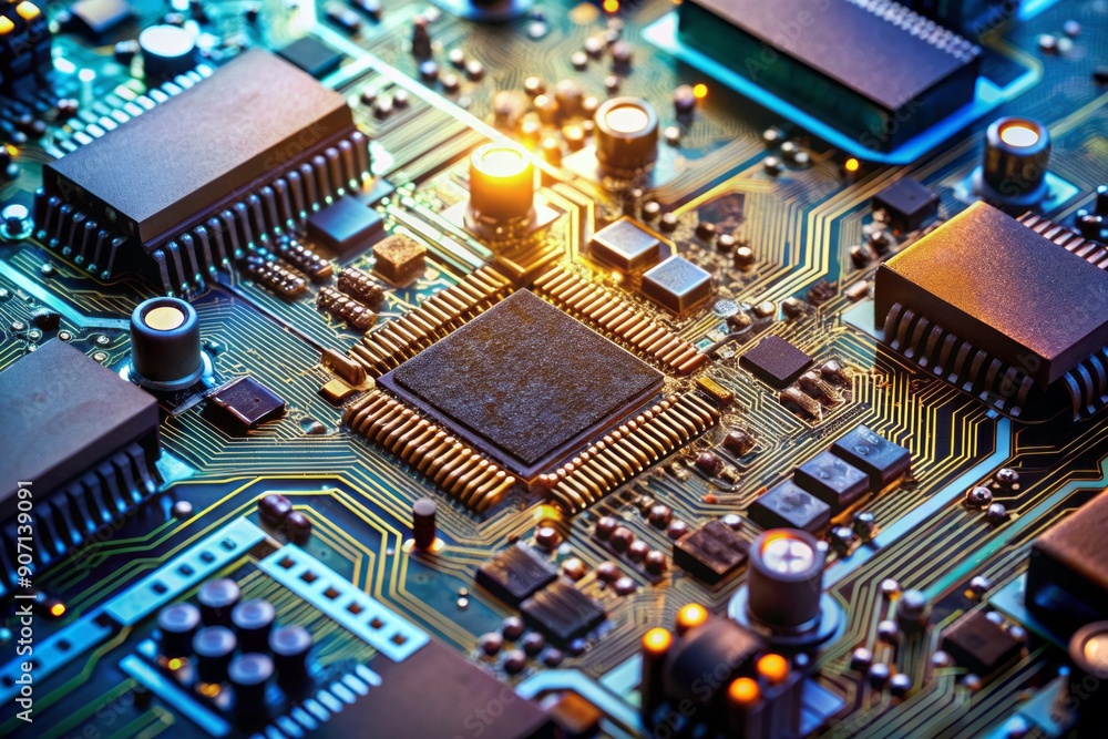 Highly detailed macro shot of a complex computer circuit board with intricate wiring, microchips, and capacitors, showcasing advanced technology and modern manufacturing. Highly detailed macro shot of a complex computer circuit board with intricate wiring, microchips, and capacitors, showcasing advanced technology and modern manufacturing.