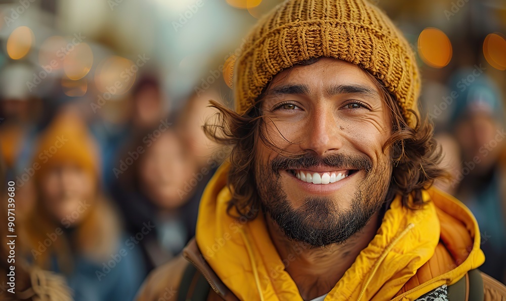 A smiling man stands out in a large crowd of people, clearly distinguishing himself. A smiling man stands out in a large crowd of people, clearly distinguishing himself.