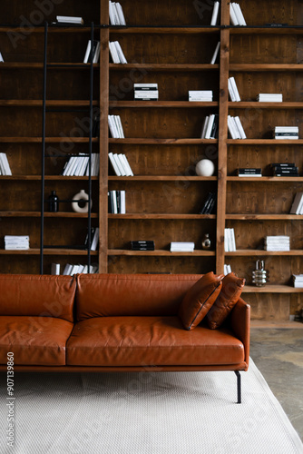modern luxury elegance living area with a nice library bookshelf style library