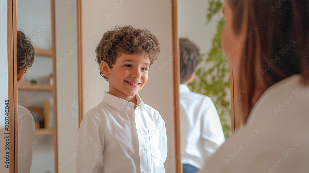 A parent helps their child try on a new school uniform in front of a mirror, reflecting smiles and readiness, side view, right third copy space. Harmony, Love and Friendship, worki A parent helps their child try on a new school uniform in front of a mirror, reflecting smiles and readiness, side view, right third copy space. Harmony, Love and Friendship, worki