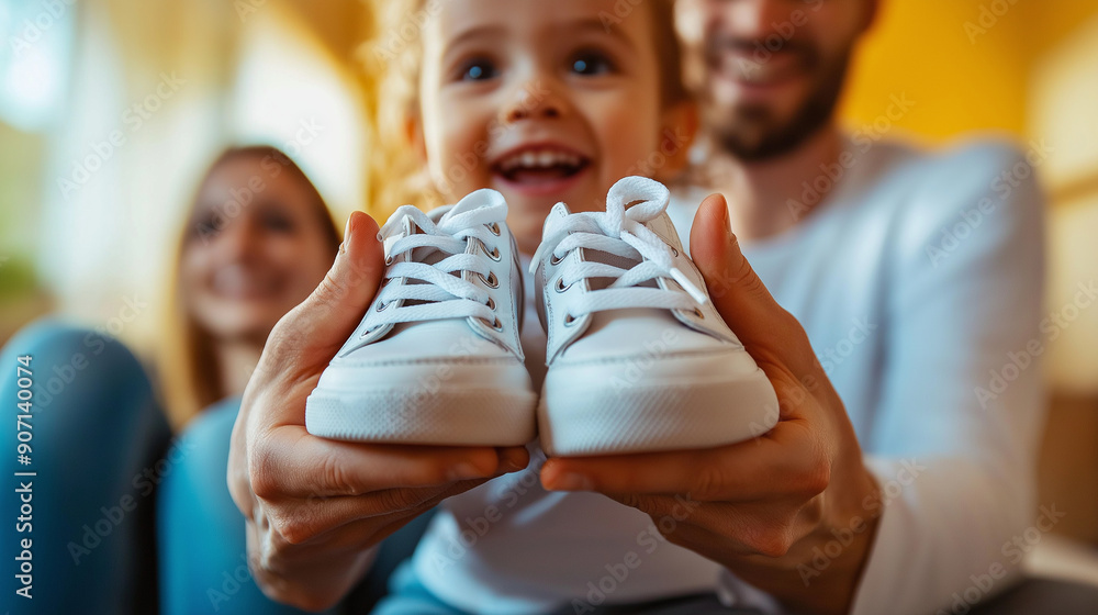 Obraz premium A child holds up a new pair of school shoes with excitement, as parents look on fondly, close-up, right third copy space. Love and Friendship, Care, working for the benefit of soci