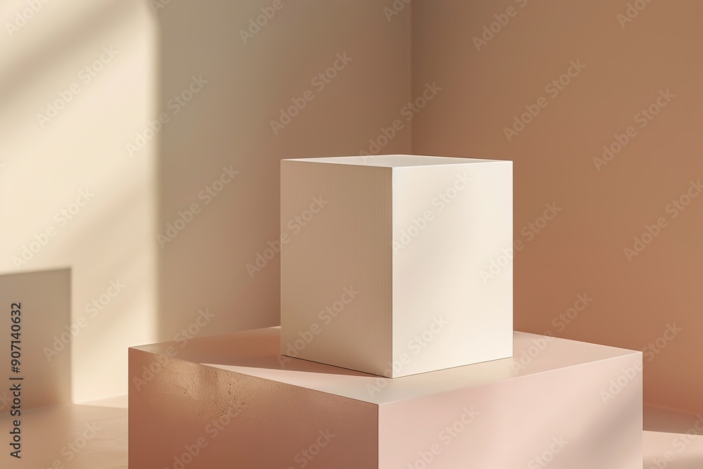The focus is on a white cubic object showcased in soft, warm lighting, evoking a sense of tranquility and sophistication within a minimalist, modern art context. The focus is on a white cubic object showcased in soft, warm lighting, evoking a sense of tranquility and sophistication within a minimalist, modern art context.
