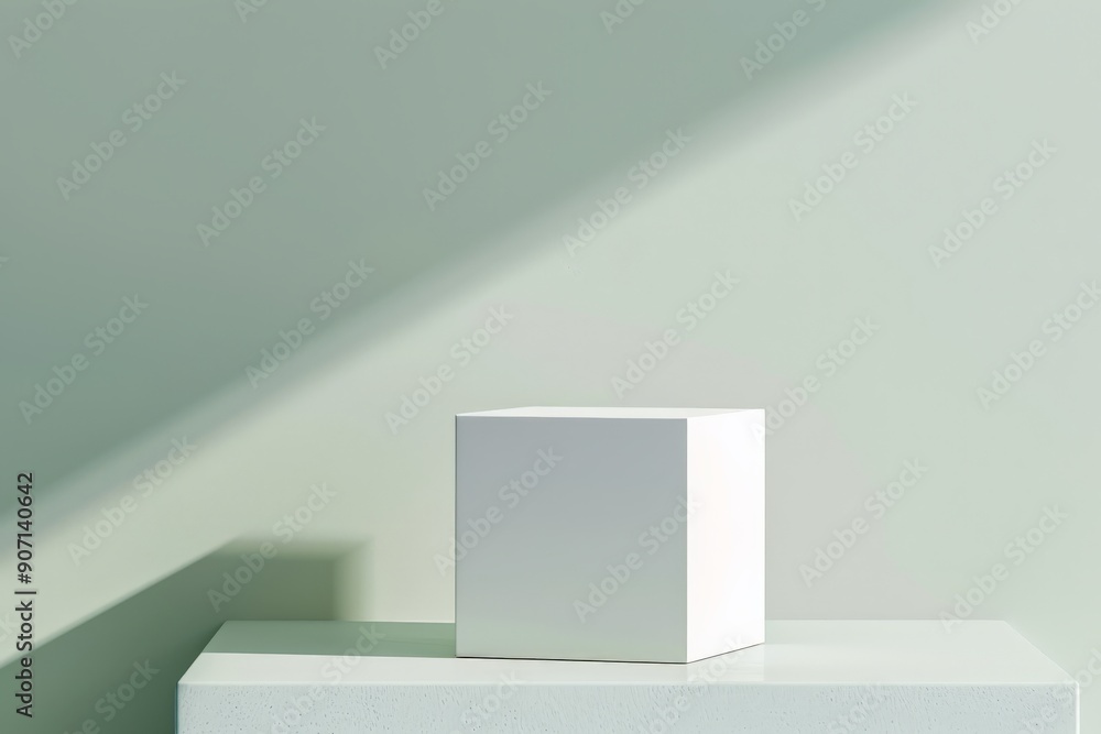 A white cube is placed on a green base with a sharp shadow cast, representing the interplay of light and geometry in a minimalist and modern composition. A white cube is placed on a green base with a sharp shadow cast, representing the interplay of light and geometry in a minimalist and modern composition.