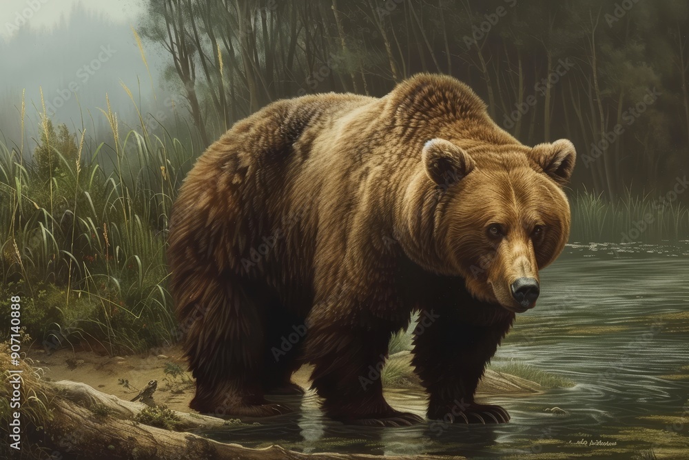 a painting of a bear in a field with mountains in the background, corpulent brown bear in the wild a painting of a bear in a field with mountains in the background, corpulent brown bear in the wild