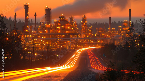 Industrial refinery with numerous chimneys bright lights, emitting smoke during picturesque sunset