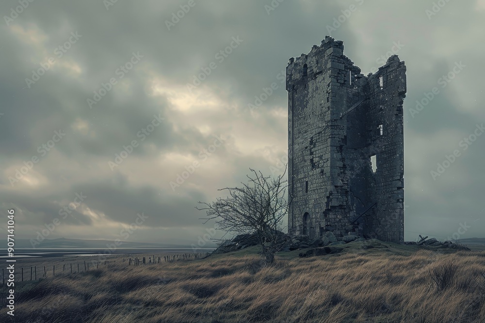 a castle sitting on top of a hill, crumbling tower looms on the horizon, a relic of a bygone era a castle sitting on top of a hill, crumbling tower looms on the horizon, a relic of a bygone era