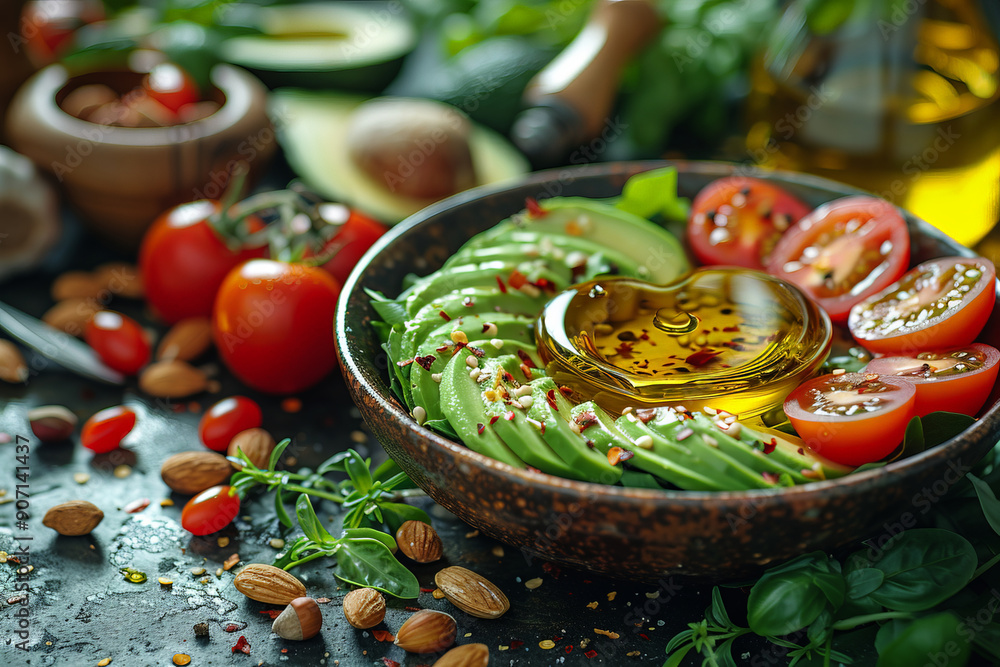 Vibrant image colorful salad olive oil being poured from bottle Vibrant image colorful salad olive oil being poured from bottle