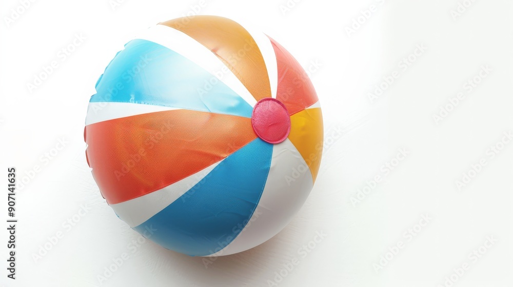 Fototapeta premium A brightly colored beach ball with segments in red, blue, orange, and white, presented against a simple white background, evoking summertime joy and play.
