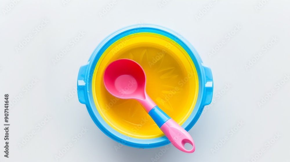 An overhead view of a colorful plastic bucket with two handles, containing a pink and blue spoon, placed against a clean white background, ideal for stock photo use. An overhead view of a colorful plastic bucket with two handles, containing a pink and blue spoon, placed against a clean white background, ideal for stock photo use.