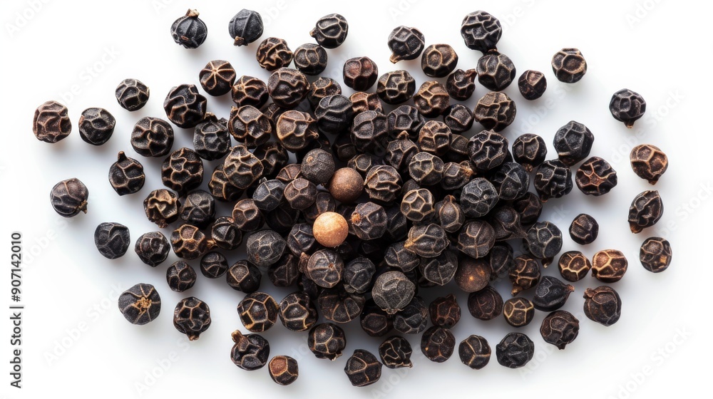 A scattering of black peppercorns across a white background, highlighting their distinct round shapes and dark exterior, often used to enhance the flavor of food. A scattering of black peppercorns across a white background, highlighting their distinct round shapes and dark exterior, often used to enhance the flavor of food.