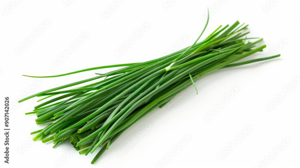 A bunch of green chives placed elegantly on a white surface, showcasing their fresh and crisp appearance, perfect for culinary decoration and garnishing dishes. A bunch of green chives placed elegantly on a white surface, showcasing their fresh and crisp appearance, perfect for culinary decoration and garnishing dishes.