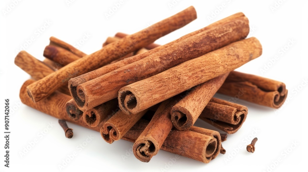 A collection of aromatic cinnamon sticks is shown piled up against a clean white background, emphasizing their natural textures and vibrant brown hues in detail. A collection of aromatic cinnamon sticks is shown piled up against a clean white background, emphasizing their natural textures and vibrant brown hues in detail.