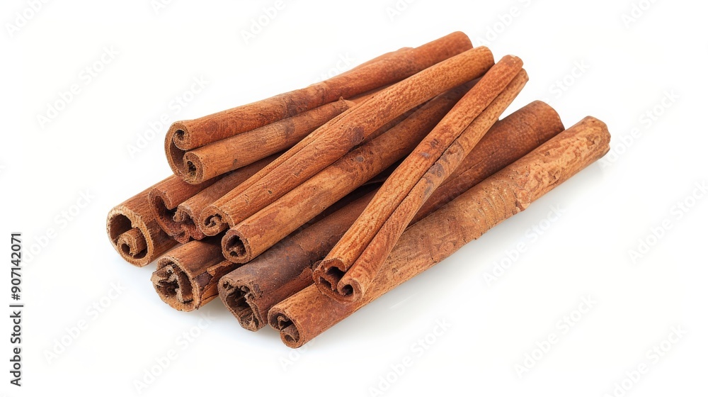 A pile of cinnamon sticks lying on a white background, featuring their rich brown color and intricate texture, frequently used in spices and flavoring food. A pile of cinnamon sticks lying on a white background, featuring their rich brown color and intricate texture, frequently used in spices and flavoring food.