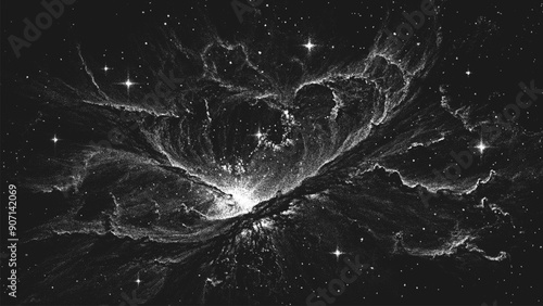 Deep space scene background in stippling style with amazing huge nebula and glowing stars cluster in universe. Retro styled dotwork. Pointillism. Noisy grainy shading using dots. Vector illustration	