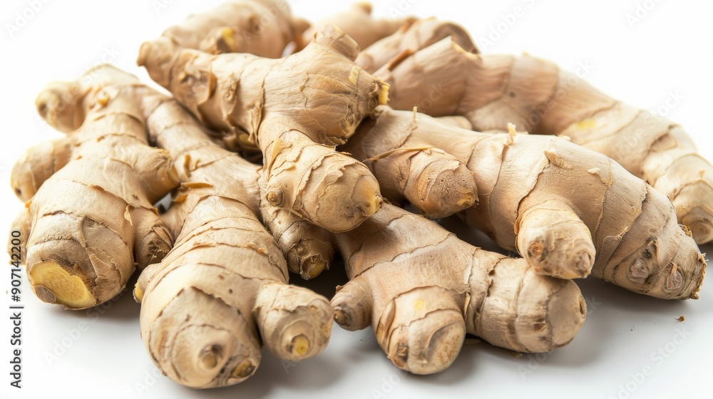 This image features fresh ginger roots with a detailed texture, laid across a white surface to prominently display their natural and knobby characteristics. This image features fresh ginger roots with a detailed texture, laid across a white surface to prominently display their natural and knobby characteristics.