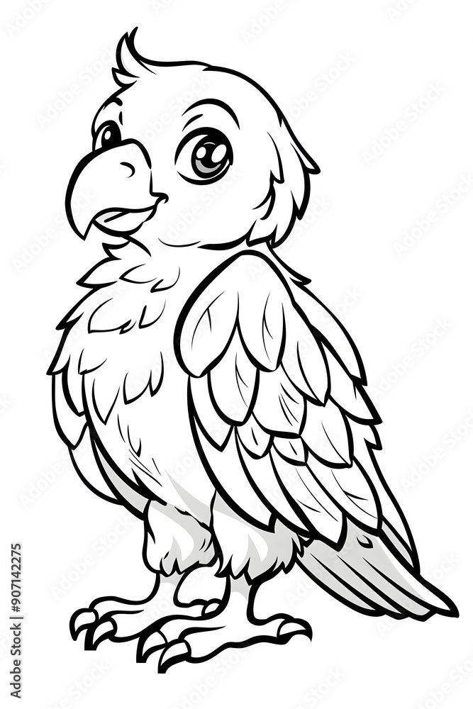 Fototapeta premium A cartoon black and white drawing of a happy bird with a large beak, perched on a rectangle. The handdrawn artwork captures the organisms playful gesture