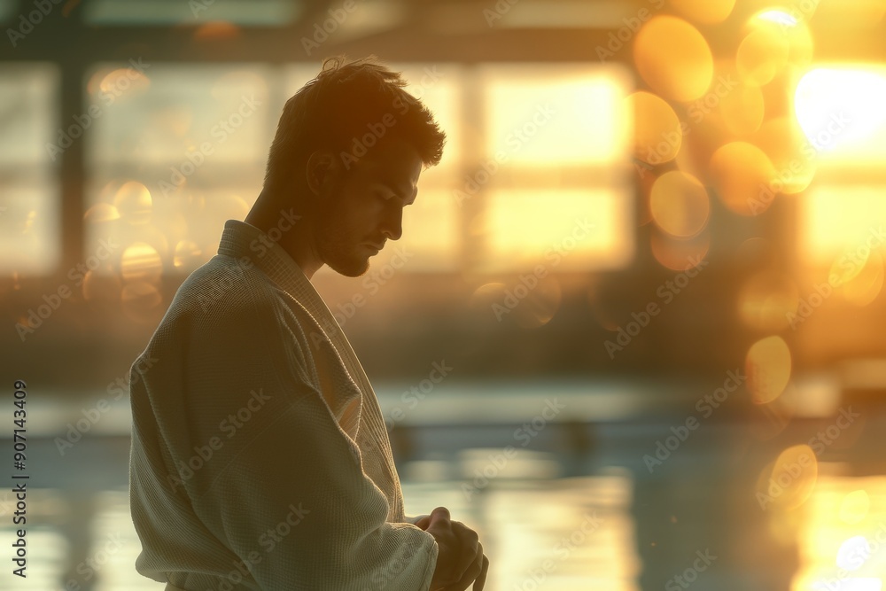This image shows a man wearing a martial arts uniform standing by the window, silhouetted by the setting sun, reflecting in a moment of calm with a serene background. This image shows a man wearing a martial arts uniform standing by the window, silhouetted by the setting sun, reflecting in a moment of calm with a serene background.