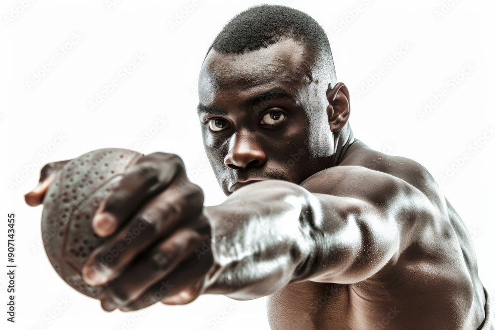 A strong athlete thrusts a textured sports ball forward, displaying his muscular arm and determination in a moment of high intensity and athletic focus captured in the image. A strong athlete thrusts a textured sports ball forward, displaying his muscular arm and determination in a moment of high intensity and athletic focus captured in the image.