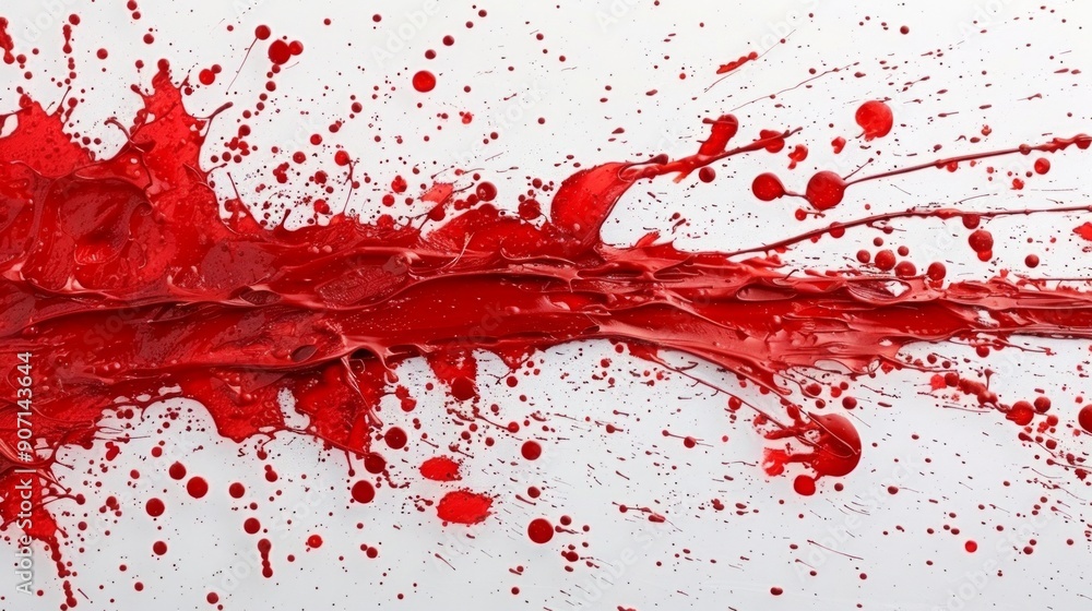 A splash of red paint, simulating blood, creates a dynamic and dramatic pattern against a white backdrop. A splash of red paint, simulating blood, creates a dynamic and dramatic pattern against a white backdrop.