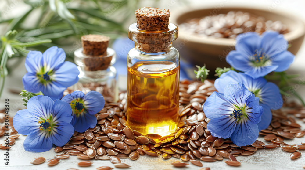 Bottle flaxseed oil surrounded flax seeds and blue flax flowers, with rustic wooden background. Bottle flaxseed oil surrounded flax seeds and blue flax flowers, with rustic wooden background.