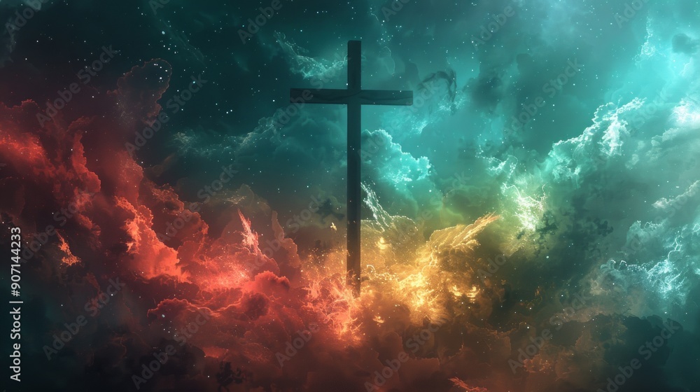 Fototapeta premium watercolor painting of a cross silhouetted against a celestial sky, with clouds swirling in shades of red, yellow, and blue.