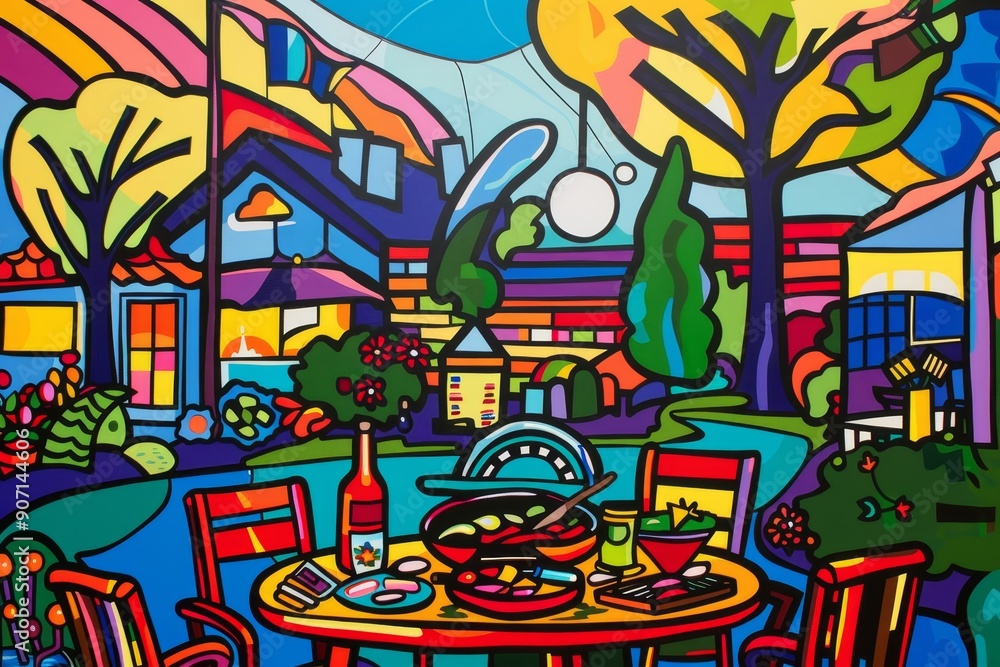 a painting of a table with a basket of food, pop art inspired depiction of lively cookout in a backyard a painting of a table with a basket of food, pop art inspired depiction of lively cookout in a backyard