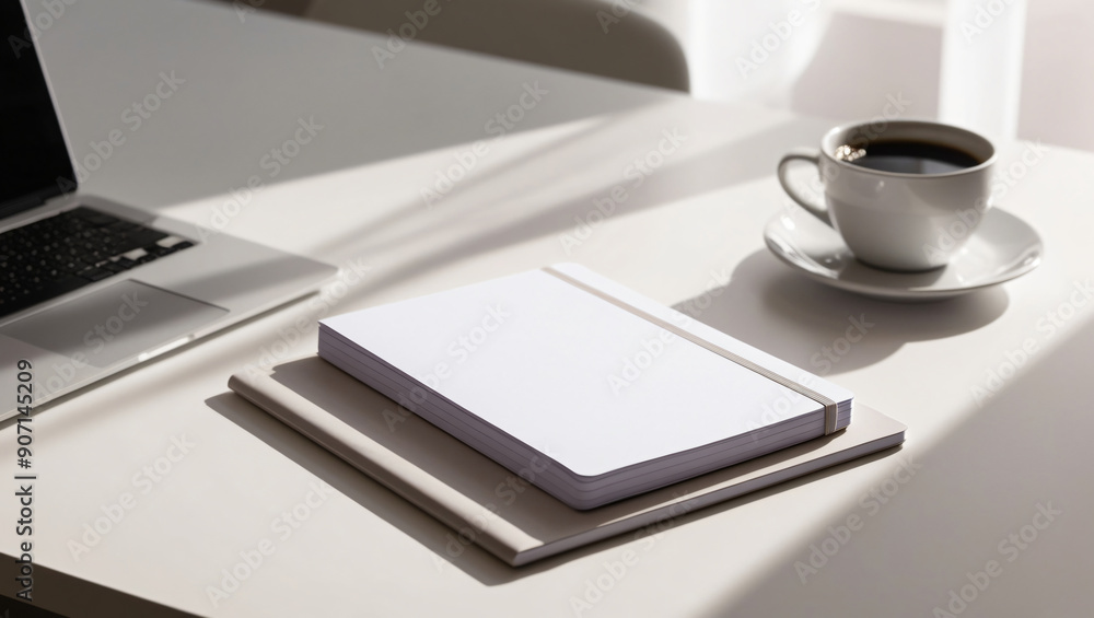 a desk with a laptop and a notebook and cup of coffee, isolated background for text a desk with a laptop and a notebook and cup of coffee, isolated background for text