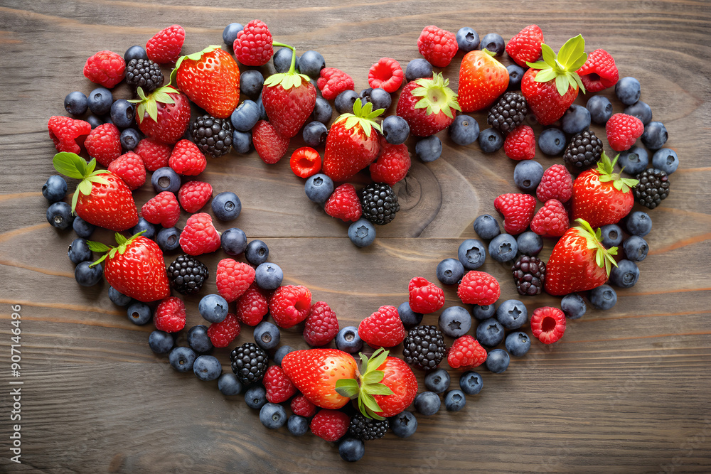 Ripe raspberries, strawberries, blueberries and blackberries laid out in heart shape on wooden table, romance, valentine's day Ripe raspberries, strawberries, blueberries and blackberries laid out in heart shape on wooden table, romance, valentine's day