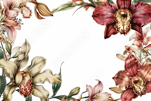 Elegant baroque style frame with luxurious orchids and lilies on white background