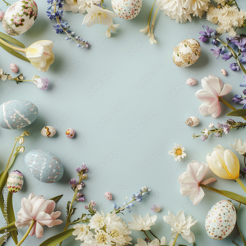 Happy Easter. Frame composition spring flowers Easter eggs. Easter background copy space. Flat lay Happy Easter. Frame composition spring flowers Easter eggs. Easter background copy space. Flat lay