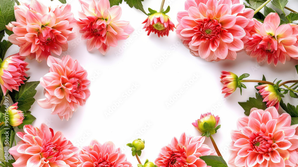 Frame vibrant pink dahlias soft green foliage against crisp white background, flat lay Frame vibrant pink dahlias soft green foliage against crisp white background, flat lay