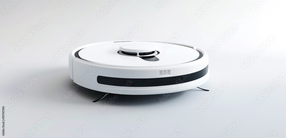 White robot vacuum cleaner isolated white background, elegant design advanced functions White robot vacuum cleaner isolated white background, elegant design advanced functions