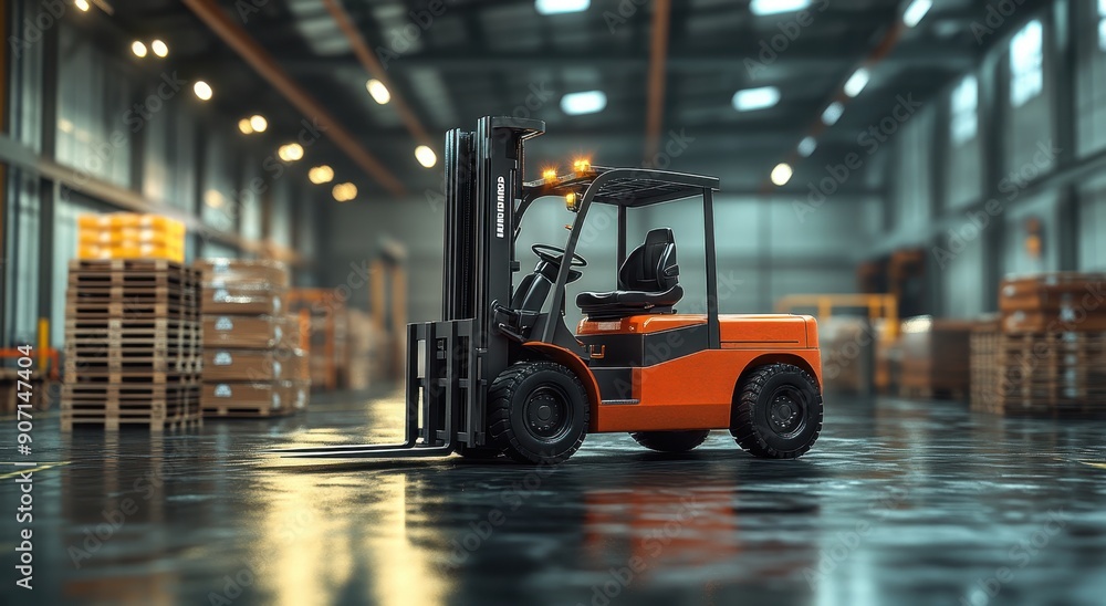 an orange and black forklift in a warehouse with pallets of goods, dynamic light effects, high resolution, hyper-realistic details an orange and black forklift in a warehouse with pallets of goods, dynamic light effects, high resolution, hyper-realistic details