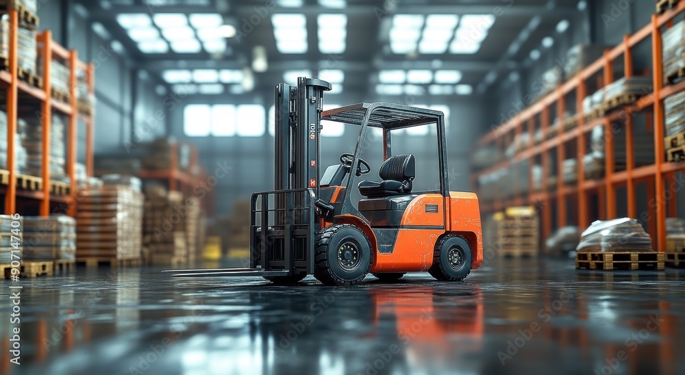 an orange and black forklift in a warehouse with pallets of goods, dynamic light effects, high resolution, hyper-realistic details an orange and black forklift in a warehouse with pallets of goods, dynamic light effects, high resolution, hyper-realistic details