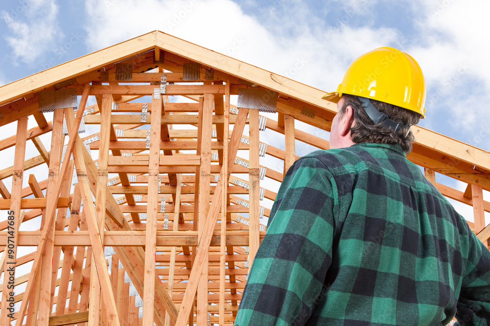 Contractor Wearing Hard Hat Standing In Front of New House Wood Framing at Construction Site. Contractor Wearing Hard Hat Standing In Front of New House Wood Framing at Construction Site.