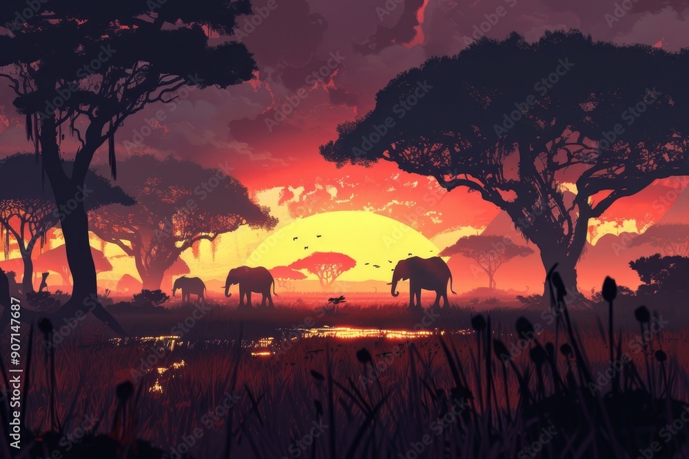 a painting of elephants in a field at sunset, sunset scene over an African savanna with silhouettes of elephants and acacia trees