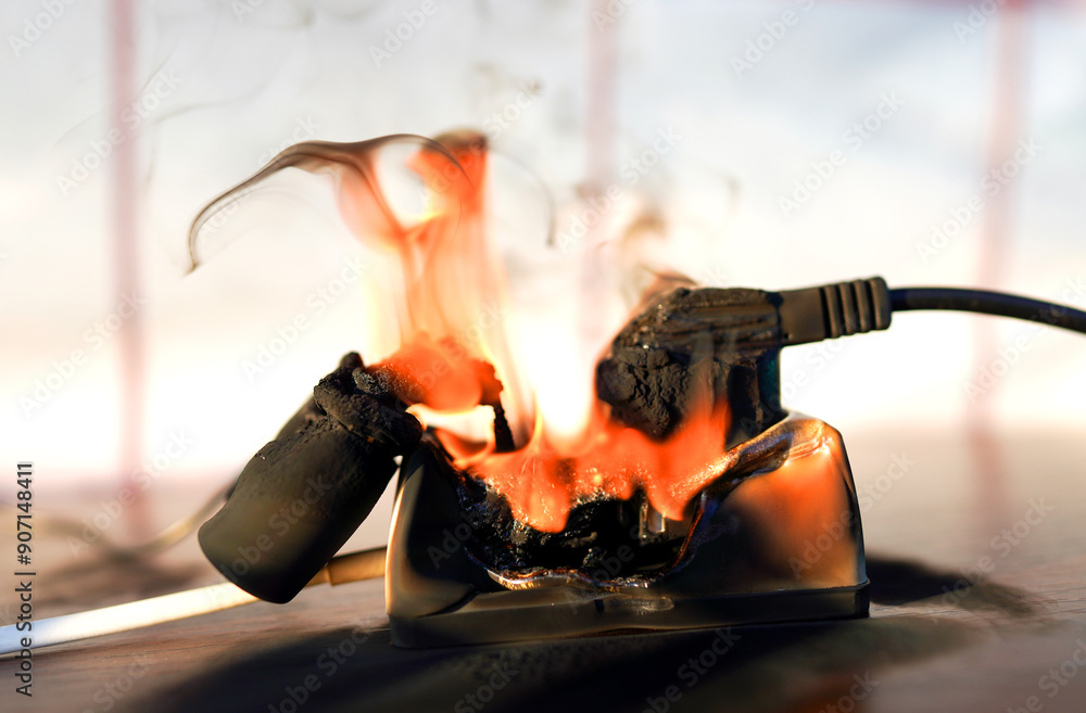 Fire socket of electricity plug switch. Burning socket. Outlets, plug ...