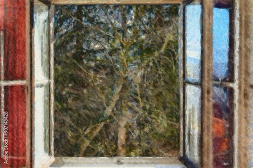 An illustration of open window in the autumn morning. Forest view