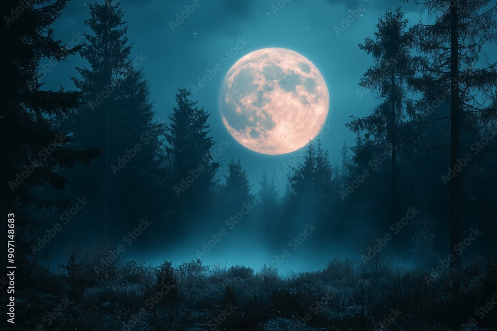 Serene Nighttime Landscape Featuring Full Moon Illuminating Dark Forest Under Starry Sky Serene Nighttime Landscape Featuring Full Moon Illuminating Dark Forest Under Starry Sky