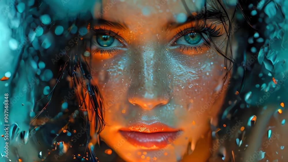 A beautiful pensive woman looks out the window at night during the rain and drops flow down the glass. Face of a sad girl close-up A beautiful pensive woman looks out the window at night during the rain and drops flow down the glass. Face of a sad girl close-up