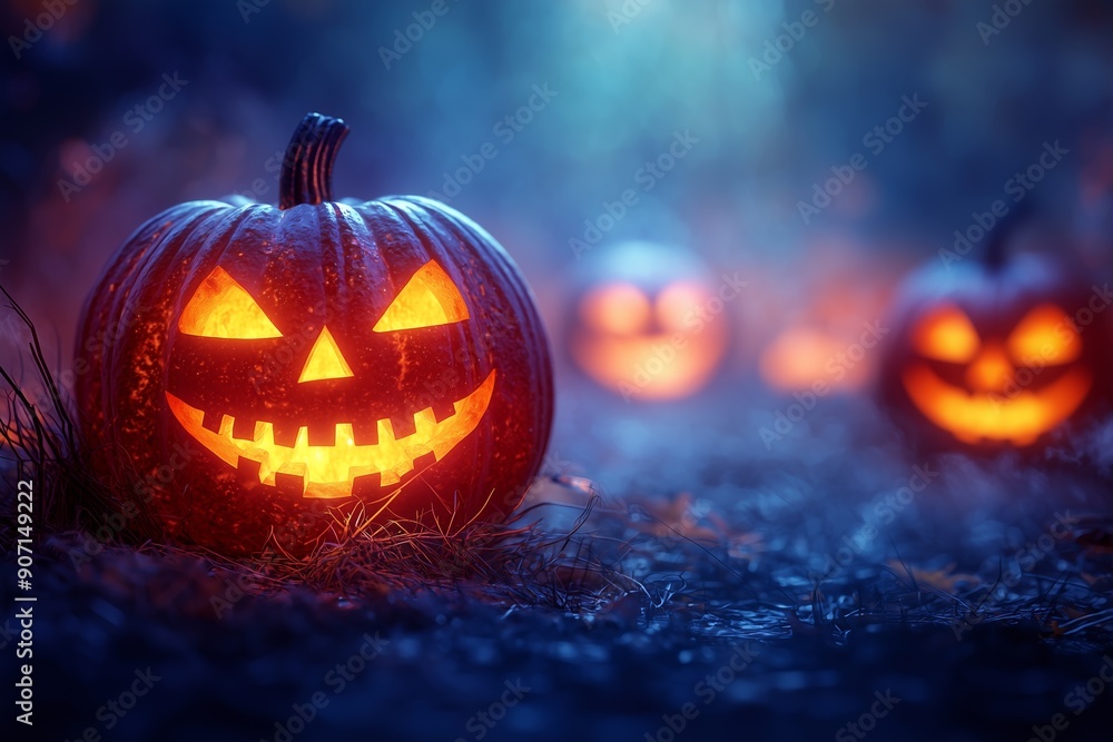 Enchanting Glow of Jack O' Lanterns in a Whimsical Halloween Nightscape Enchanting Glow of Jack O' Lanterns in a Whimsical Halloween Nightscape