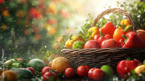 Wicker Basket of Fresh Vegetables with Green Leaves Illustration