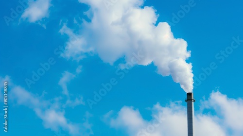 Single Smokestack Against Clear Blue Sky Emitting White Smoke