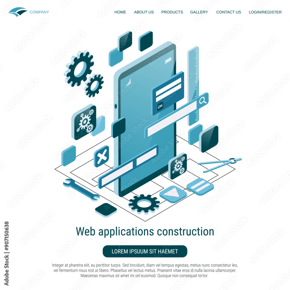Web application construction, interface engineering 3d isometric vector concept illustration Web application construction, interface engineering 3d isometric vector concept illustration