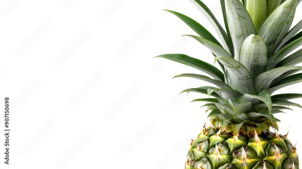 Fototapeta premium Pineapple with bright green leaves, isolated background, providing ample space for advertising text or branding elements, ideal for commercial use