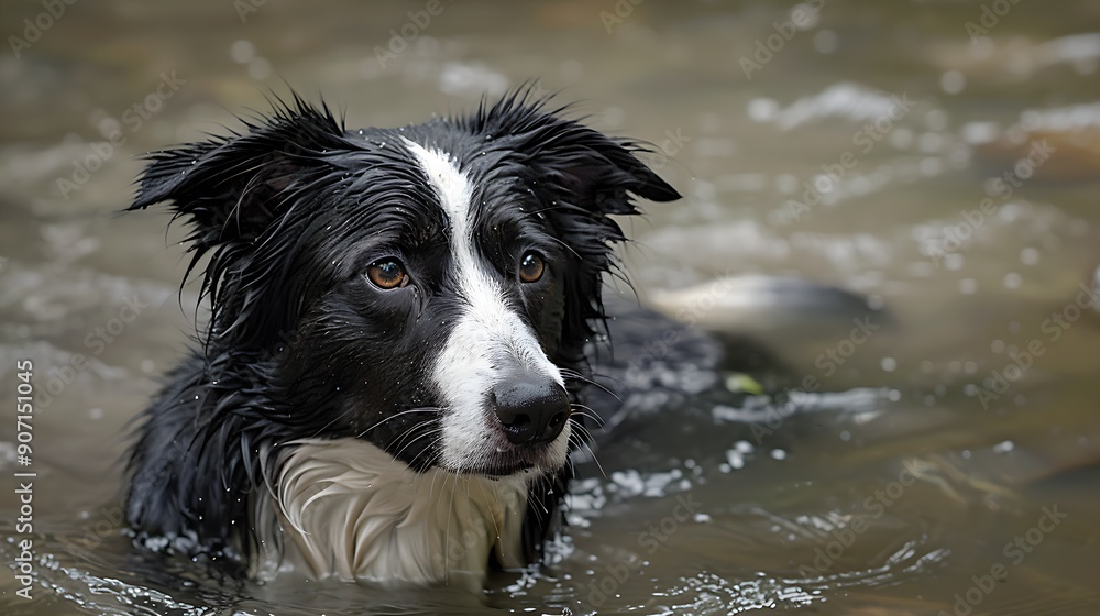 Beautiful border collie dog in the water at the beach picture Beautiful border collie dog in the water at the beach picture