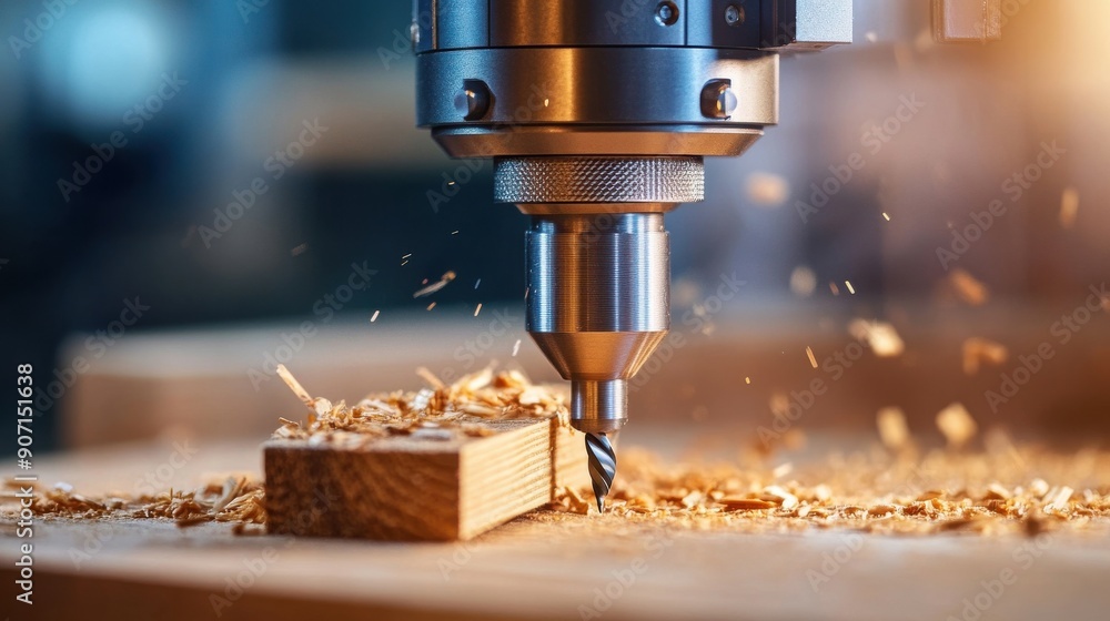A woodworking machine is cutting into a piece of wood A woodworking machine is cutting into a piece of wood