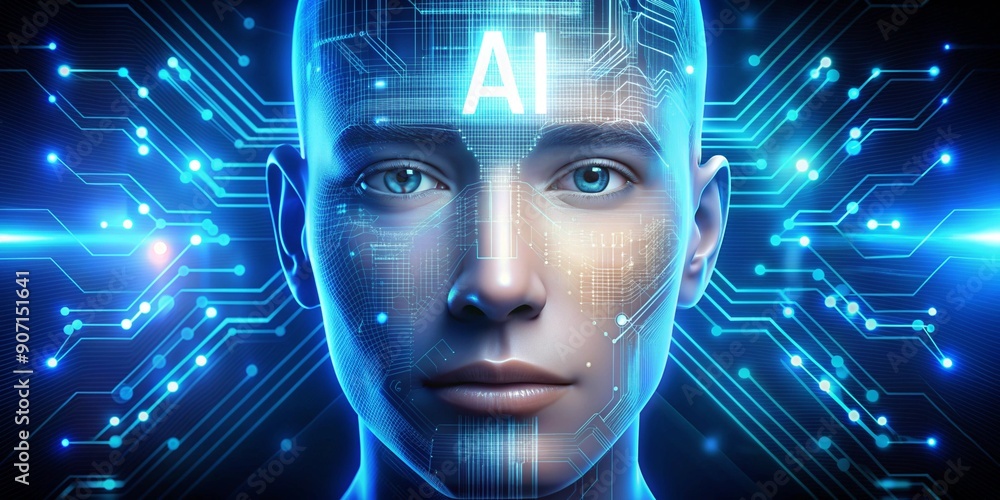 Generative ai. portrait of a futuristic cyborg or android woman with glowing circuitry lines on her face, intricate digital energy pattern background, vibrant blue and purple color tones Generative ai. portrait of a futuristic cyborg or android woman with glowing circuitry lines on her face, intricate digital energy pattern background, vibrant blue and purple color tones