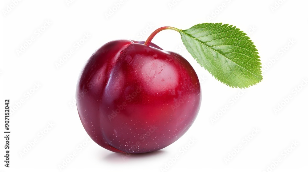 Fresh plum with a stem, vivid and detailed, isolated on a clean background, offering plenty of room for copy text or graphic elements Fresh plum with a stem, vivid and detailed, isolated on a clean background, offering plenty of room for copy text or graphic elements